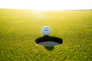 A sunny golf green with a ball nearly in the hole